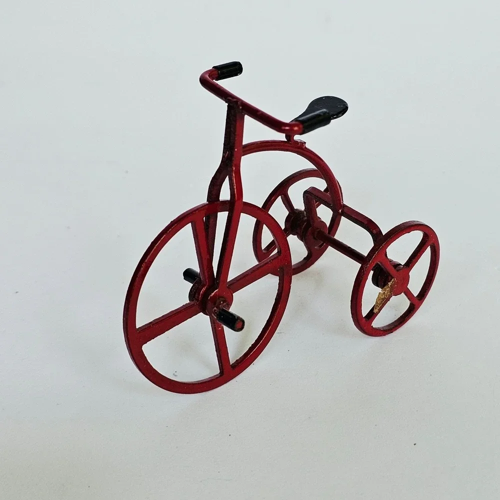 Vintage Retro Style Red Dollhouse Miniatures Wagon Tricycle Gumball Machine Set